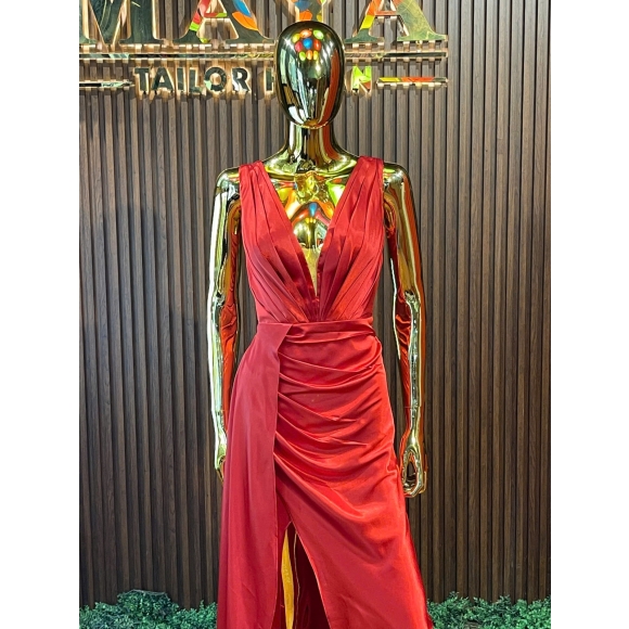Deep V-neck Red Maxi Eveningwear Dres